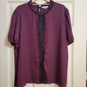 Reese Plum & Black Lace Ruffle Crew Kneck Bubble Short Sleeve Blouse Size 1X